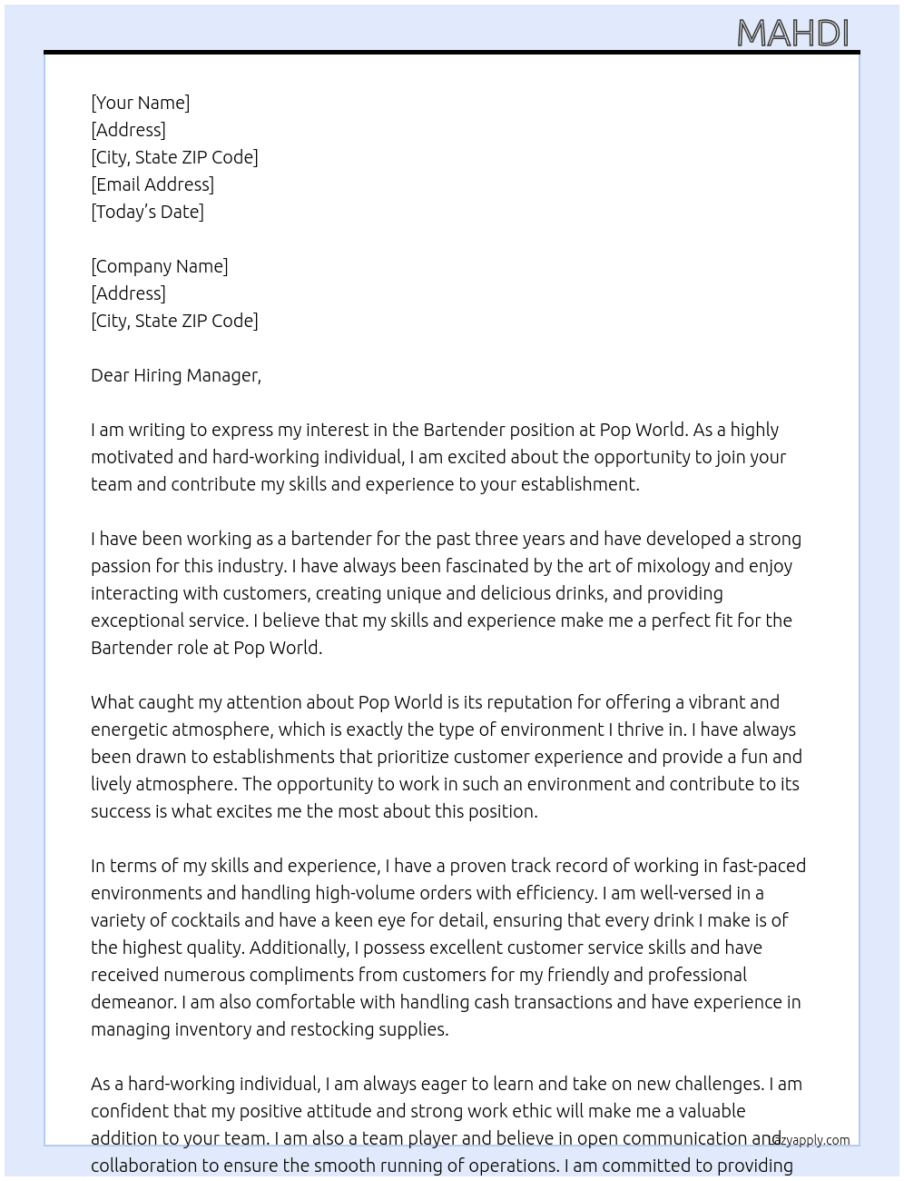Bartender  At Pop world  Cover Letter