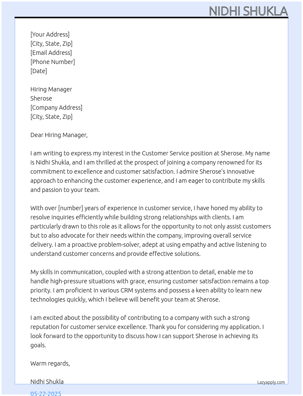 Customer service  At Sherose Cover Letter