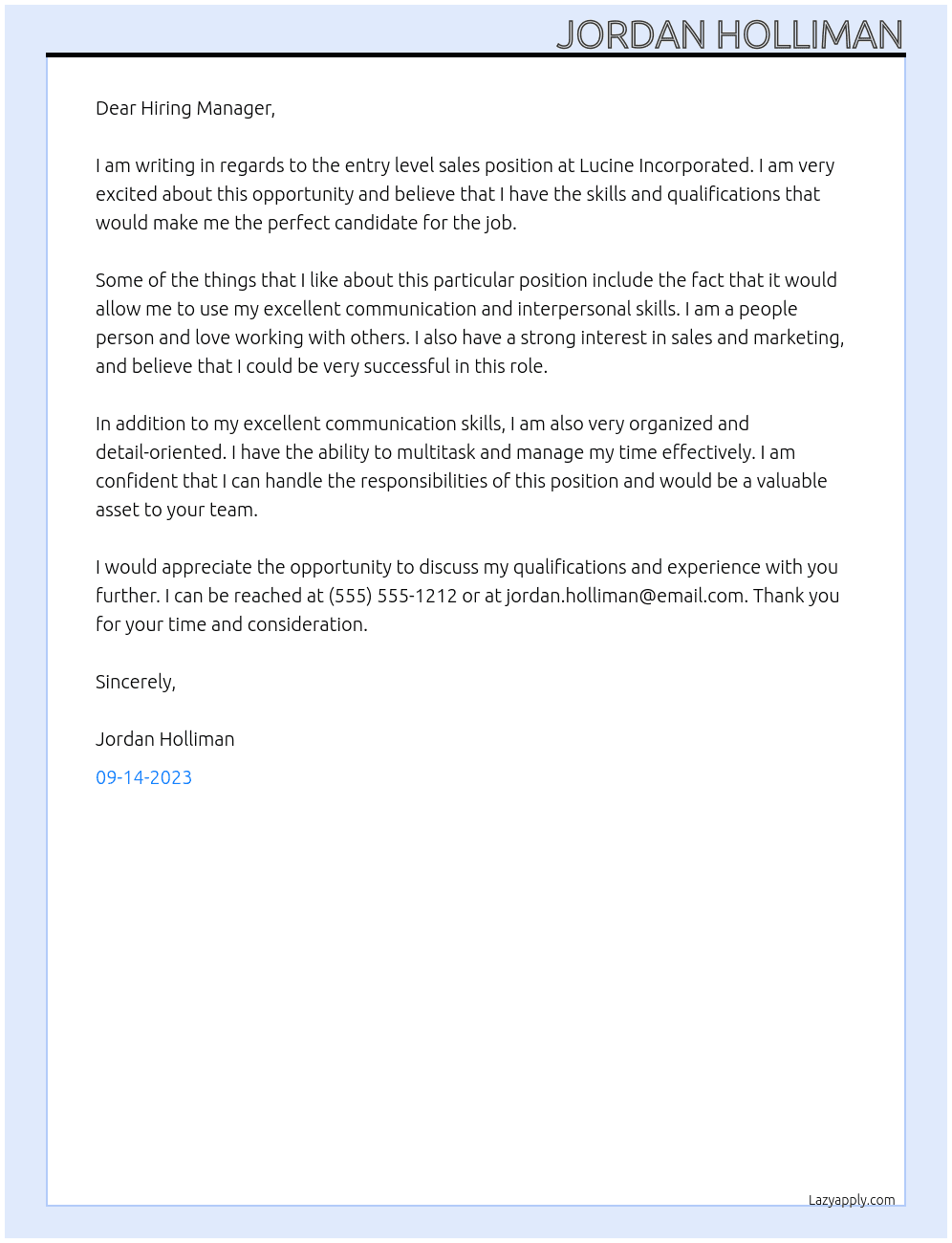 Entry level sales At Lucine Incorporated Cover Letter