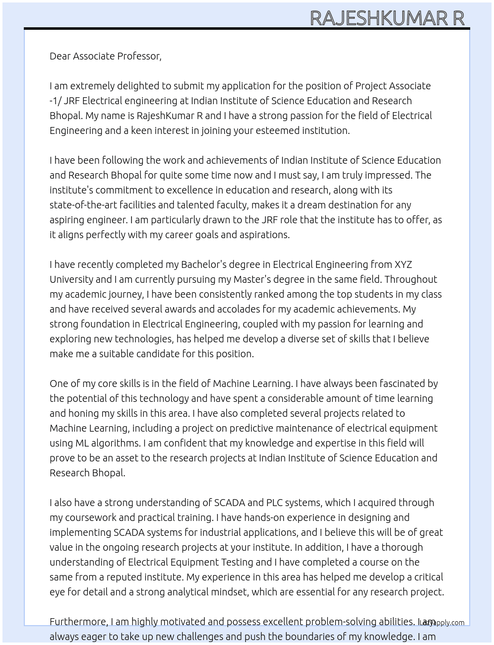 Application for  Project Associate -1/ JRF Electrical engineering Position  At Indian Institute of Science Education and Research Bhopal Cover Letter