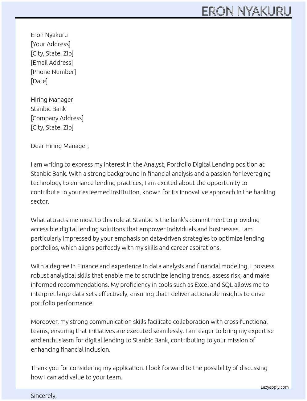 Cover letter for analyst portfolio digital lending - LazyApply