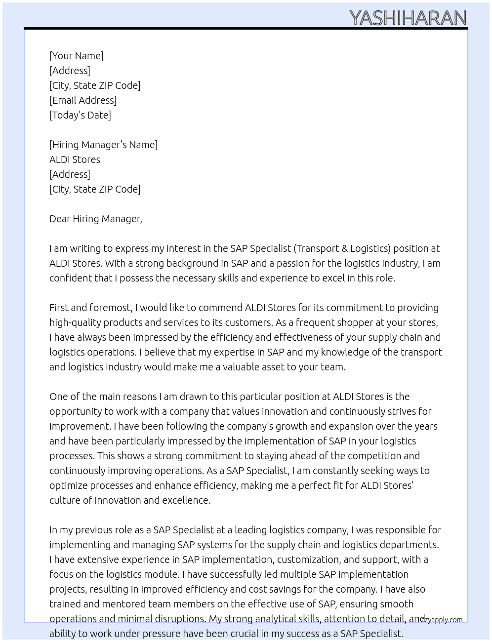SAP Specialist (Transport & Logistics) At ALDI Stores Cover Letter