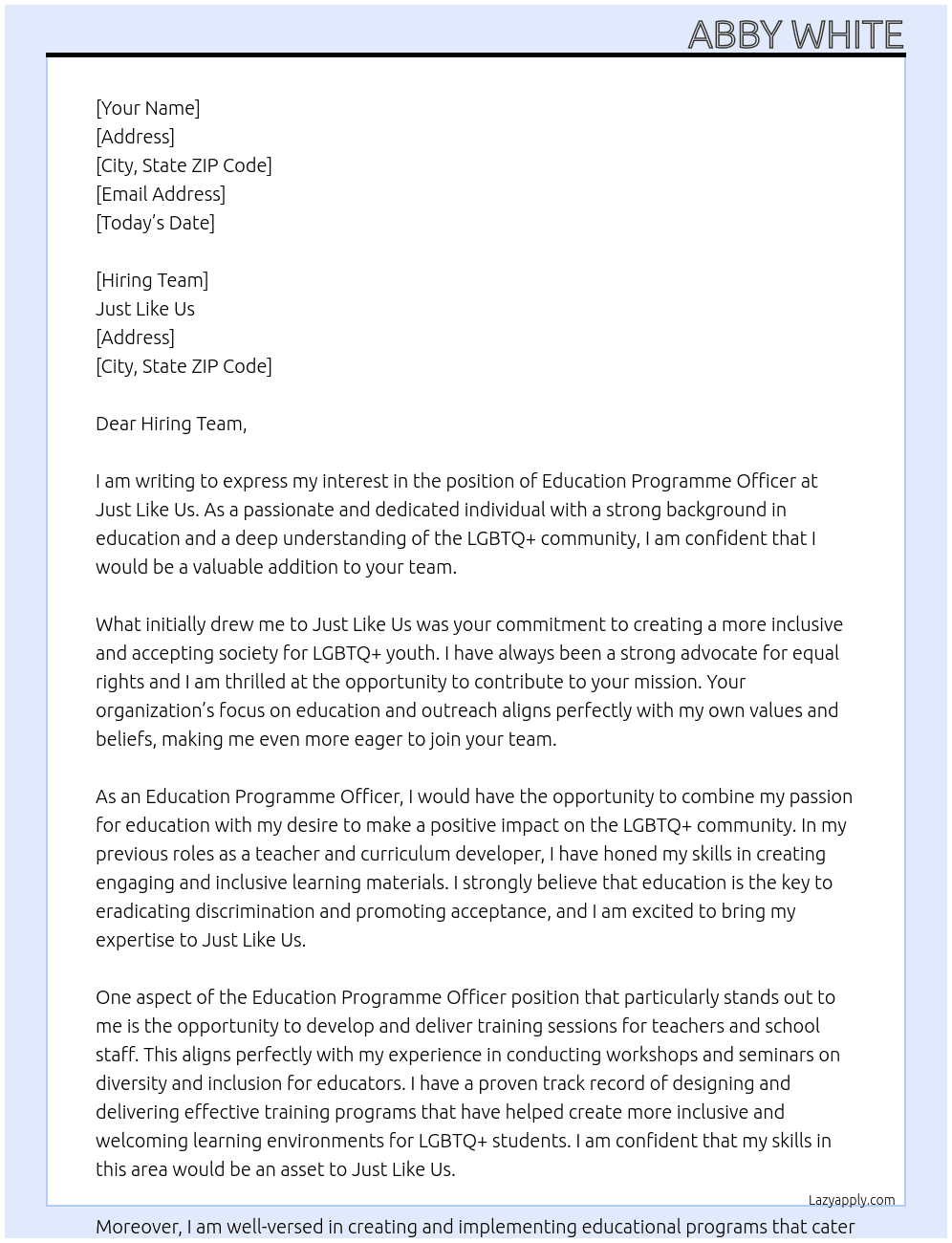 of Education Programme Officer At Just Like Us Cover Letter