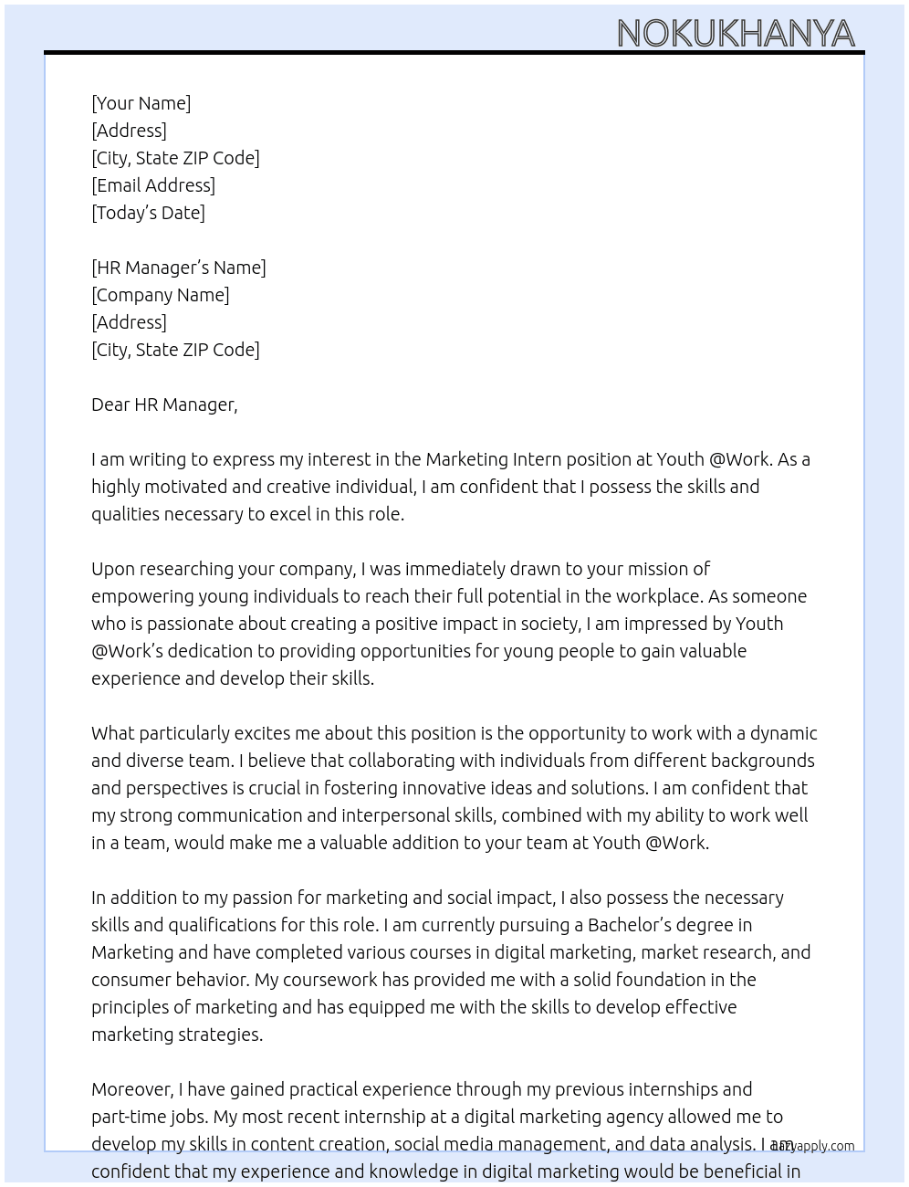 Marketing Intern At Youth @Work Cover Letter