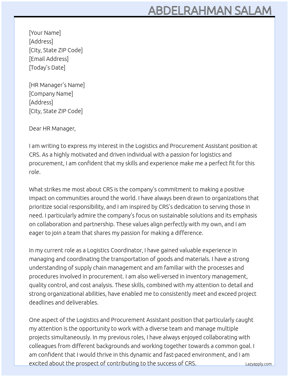 Logistics and Procurement Assistant At CRS Cover Letter