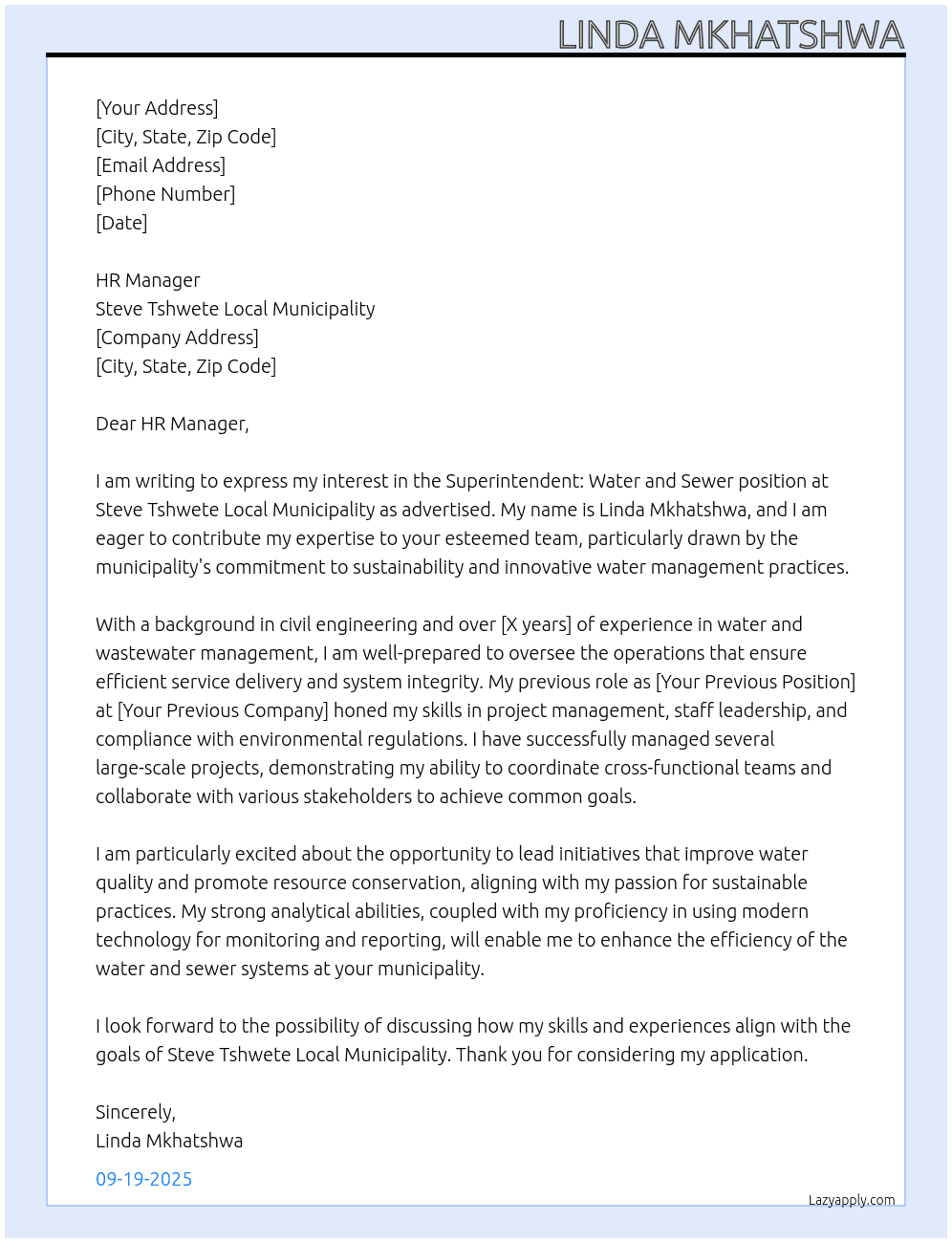 Superintendent: water and sewer At Steve Tshwete Local Municipality Cover Letter