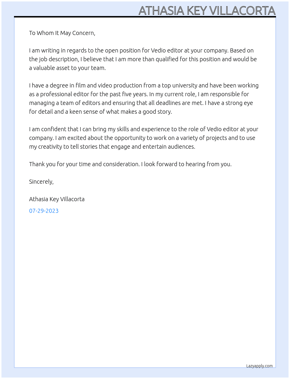 Vedio editor At Editor Cover Letter