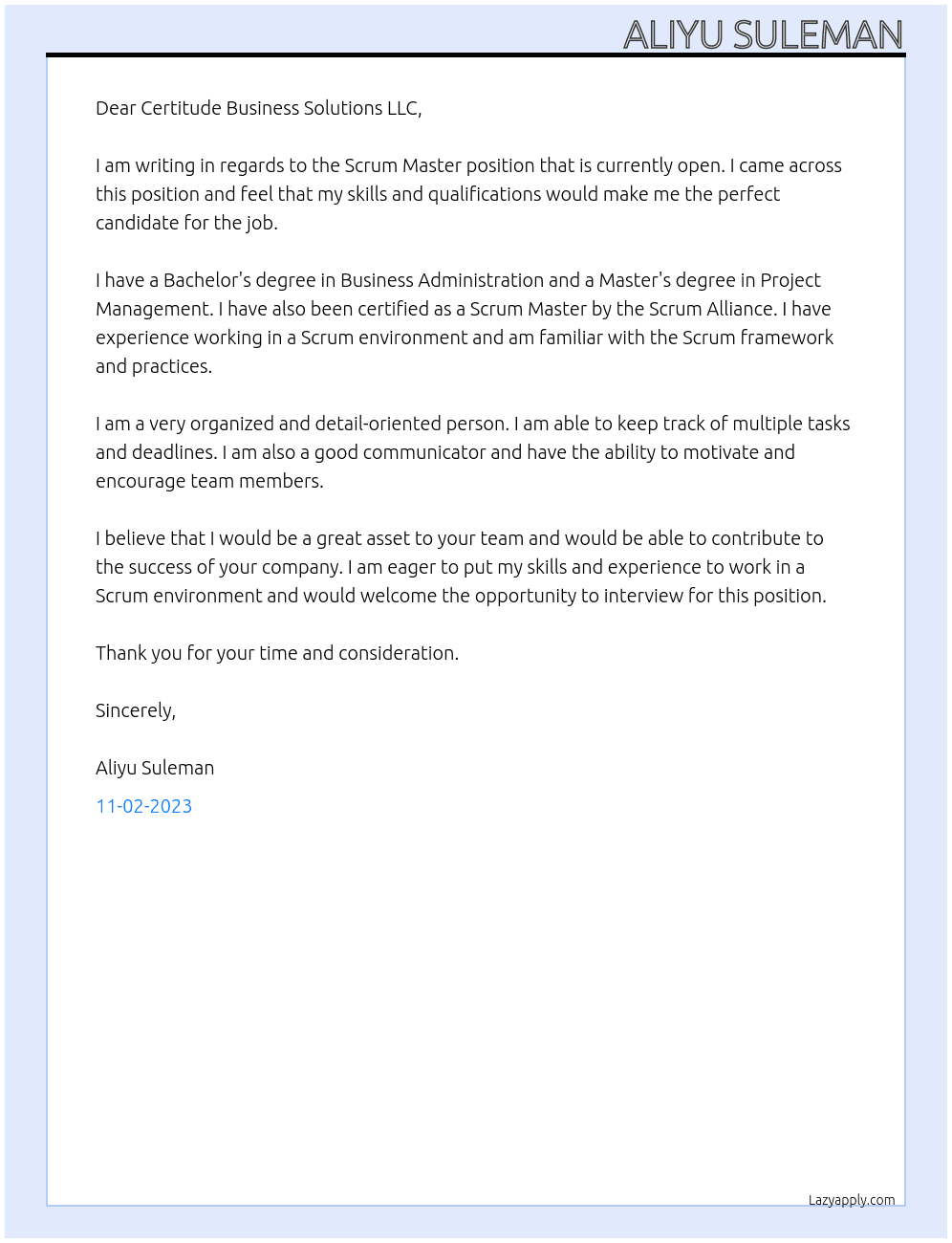 Scrum Master At Certitude Business solutions llc Cover Letter