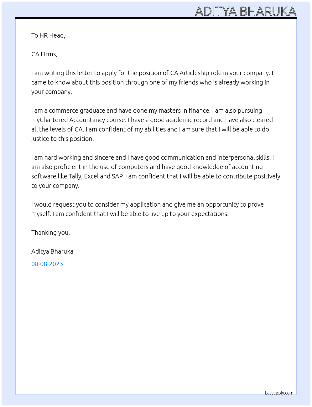 CA ARTICLE At CA FIRMS Cover Letter