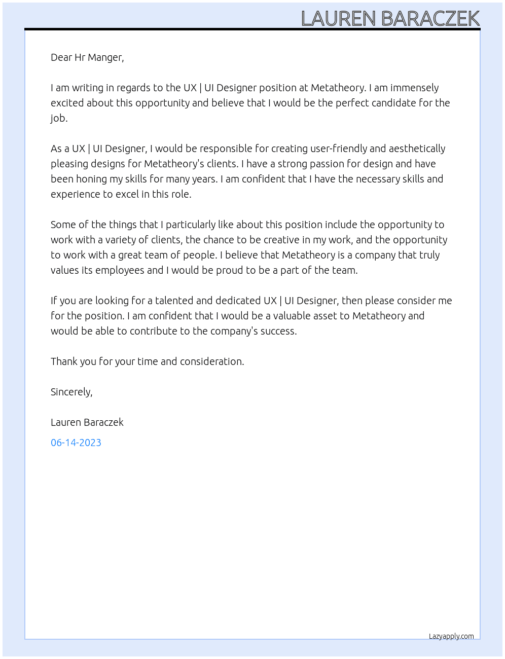 UX | UI Designer 	 At Metatheory Cover Letter