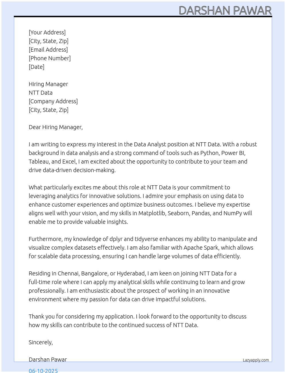  Data Analyst At NTT Data Cover Letter