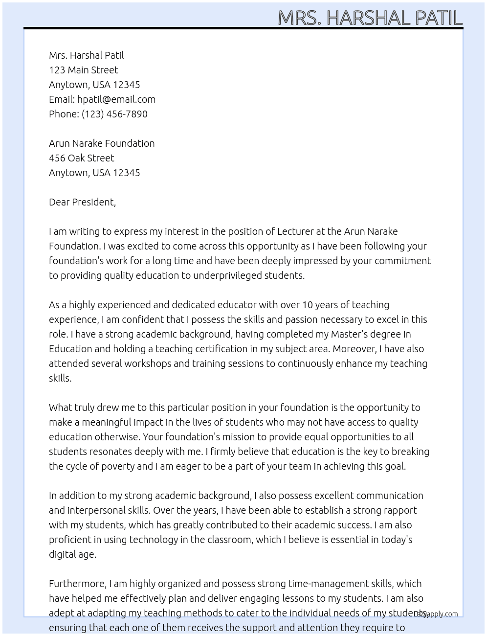 Lecturer At Arun Narake Foundation Cover Letter