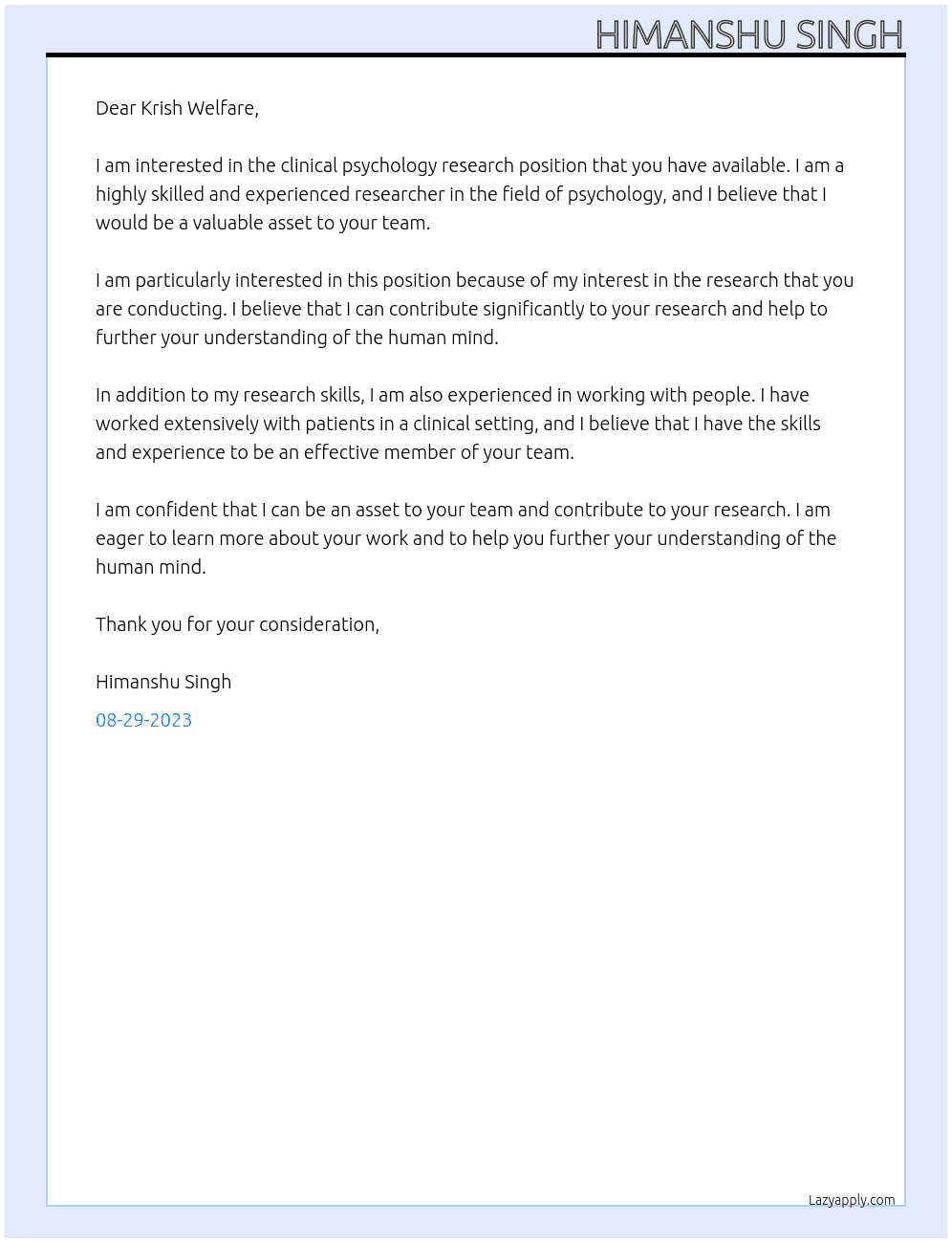 Clinical psychology research  At Krish Welfare  Cover Letter