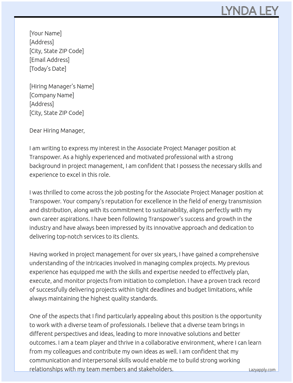 Associate Project Mamager At Transpower  Cover Letter