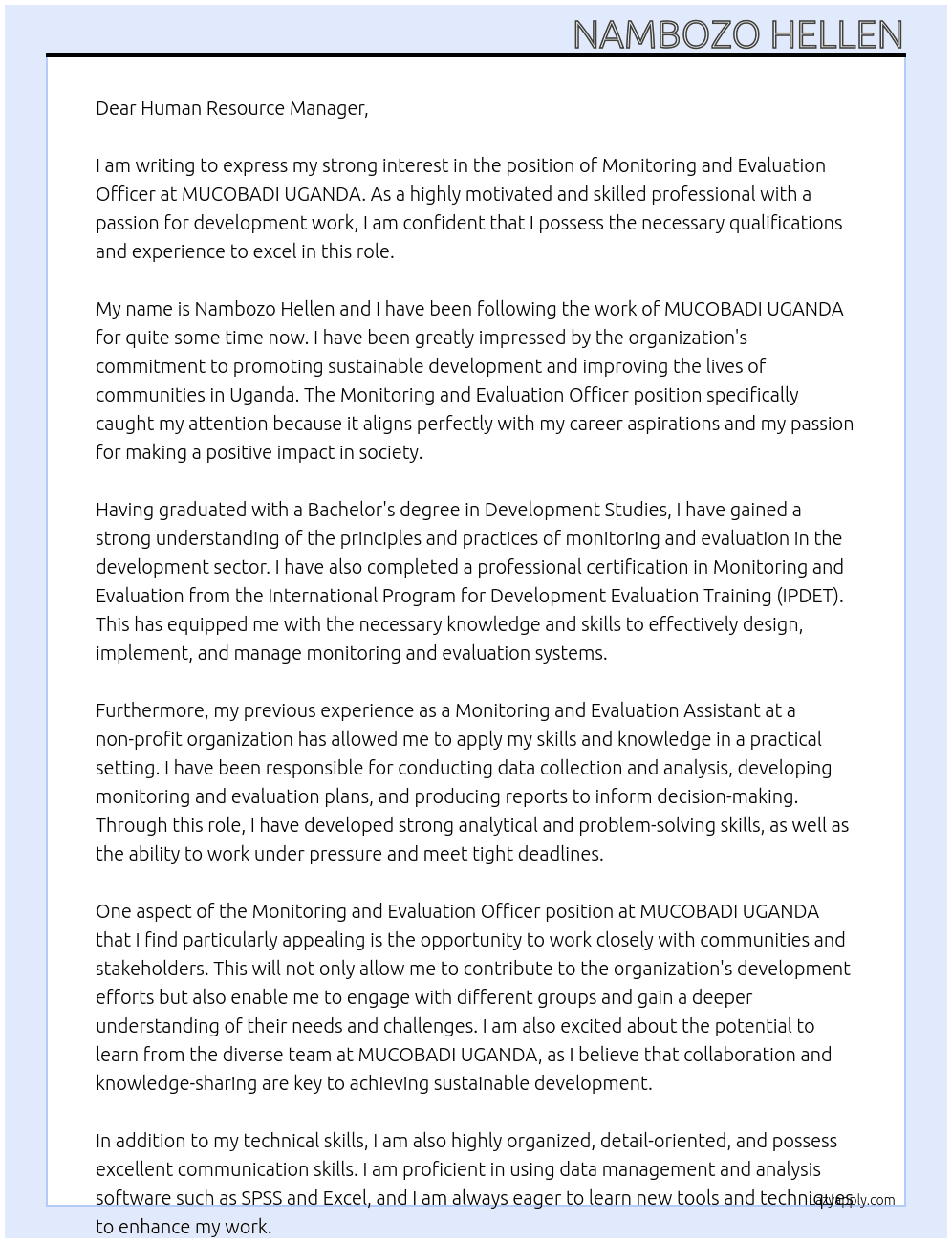 Monitoring and Evaluation officer At MUCOBADI UGANDA Cover Letter