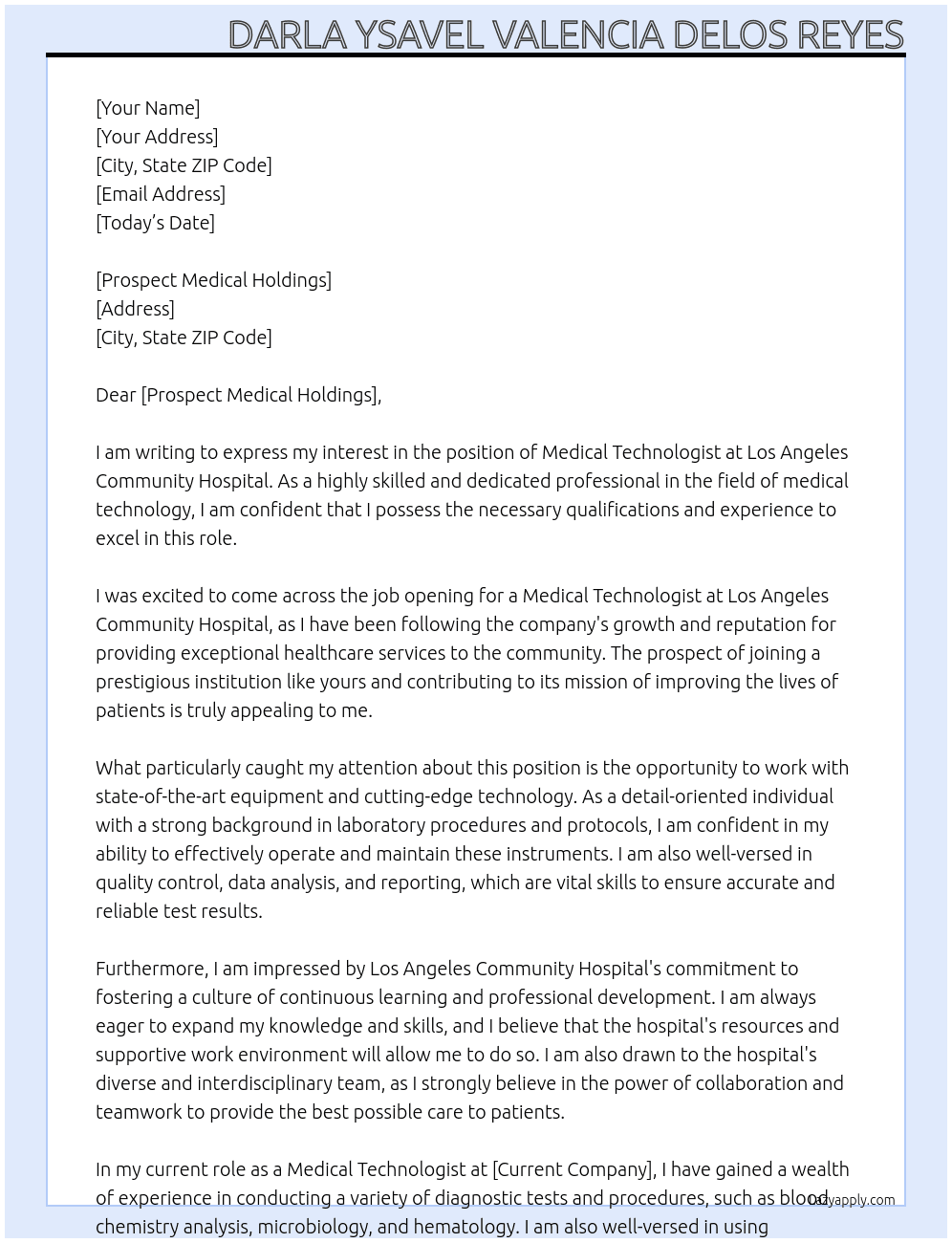 Medical Technologist At Los Angeles Community Hospital Cover Letter