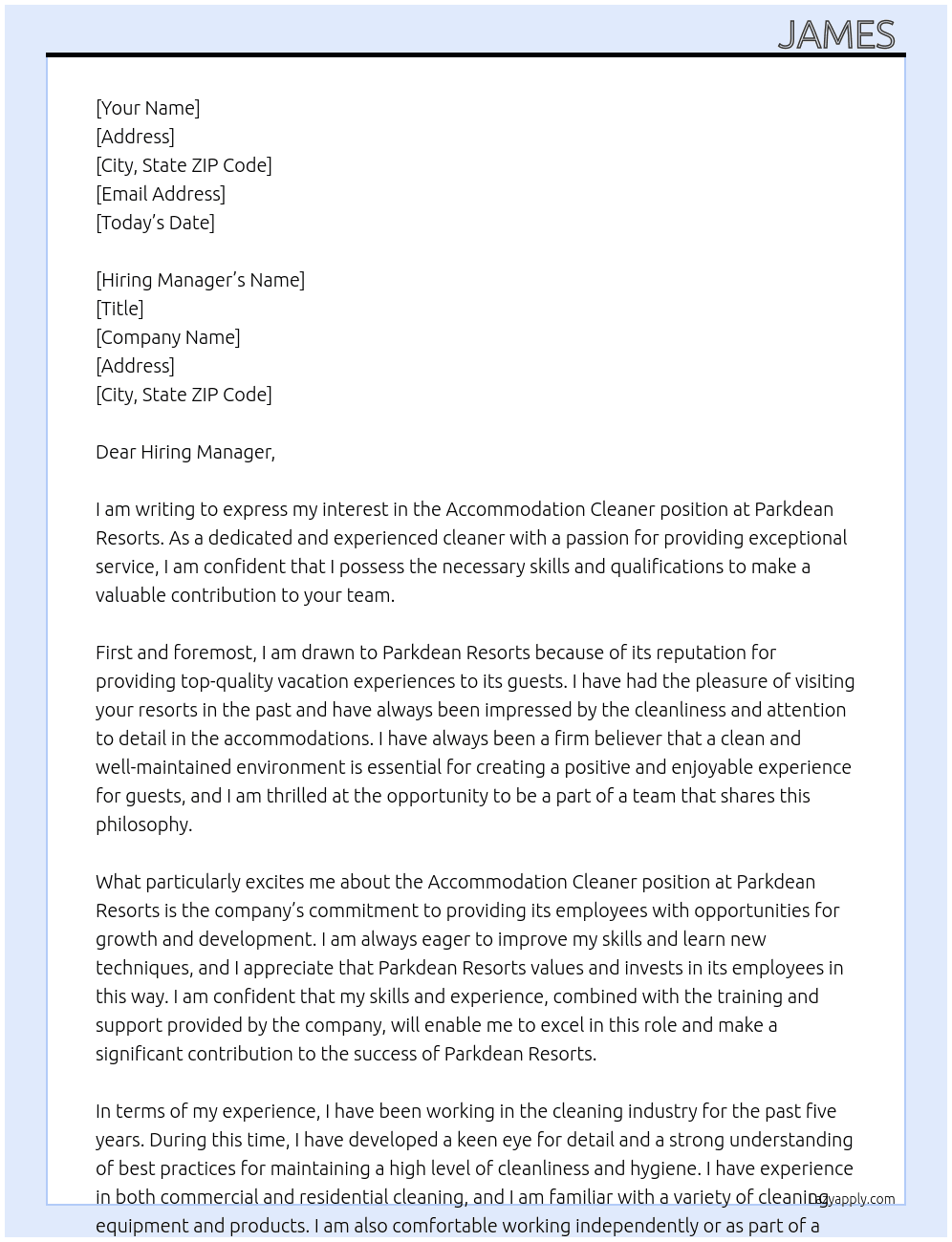 Accommodation Cleaner At Parkdean Resorts  Cover Letter