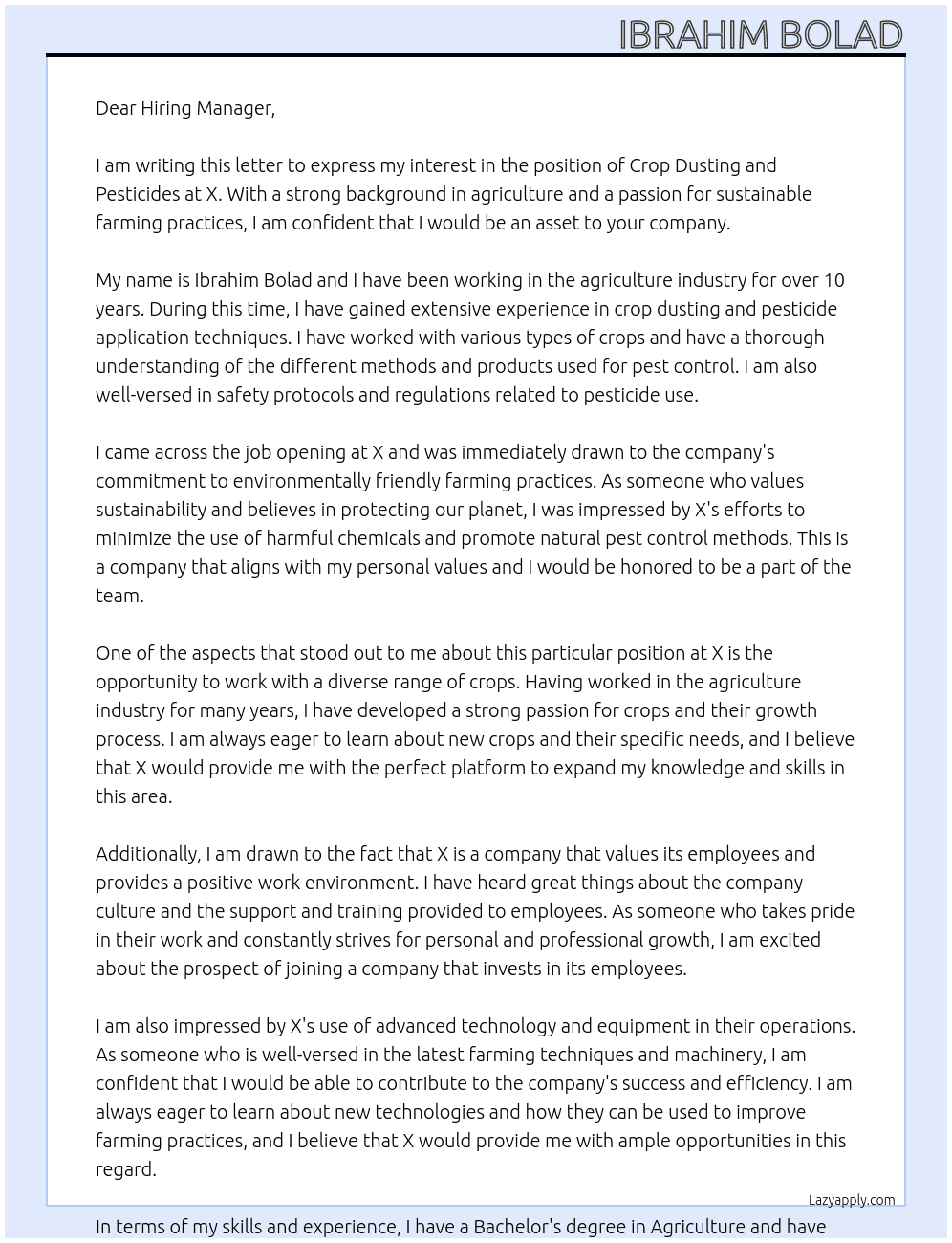 Cover letter for crop dusting and pesticides - LazyApply