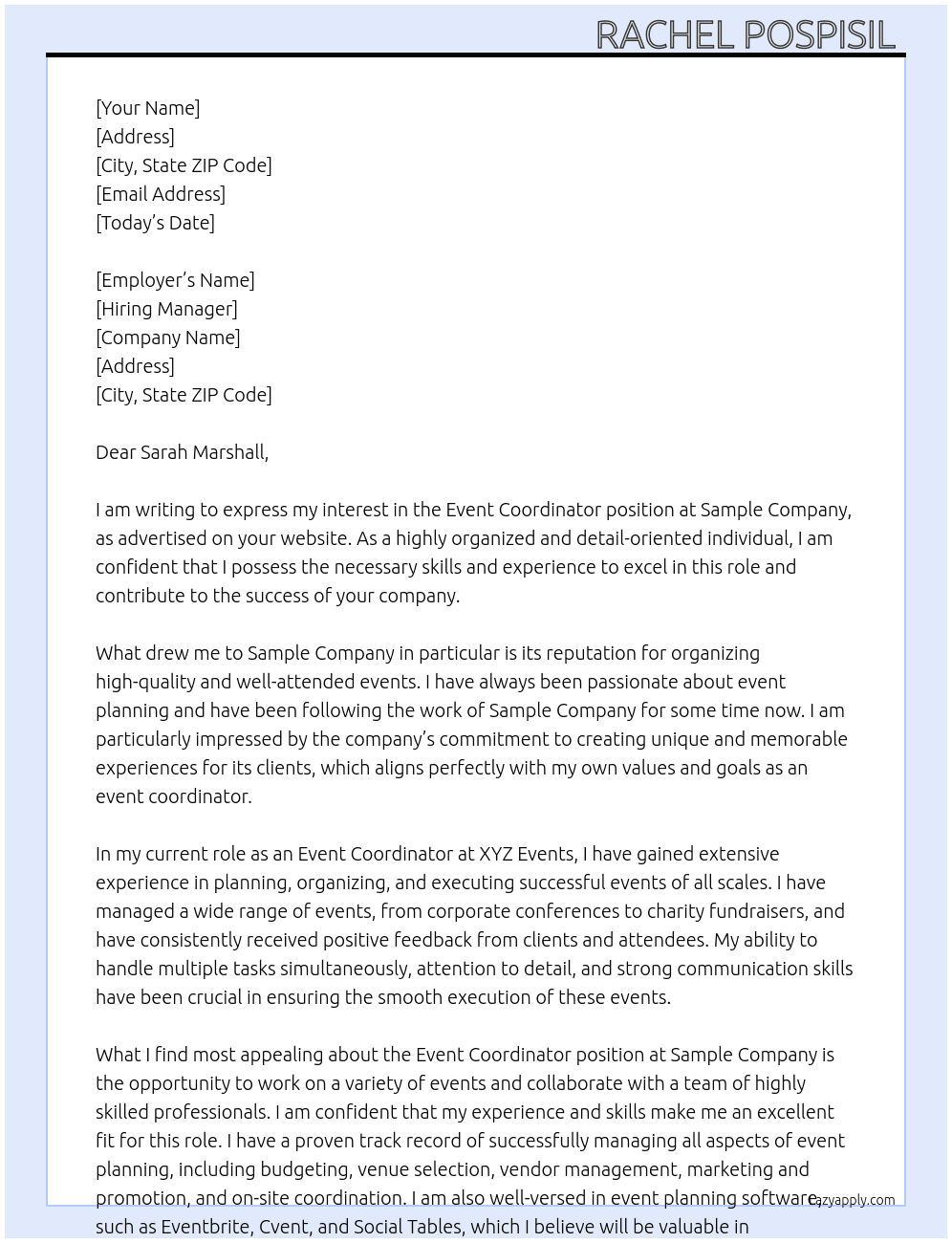 Event Coordinator  At Sample Company Cover Letter