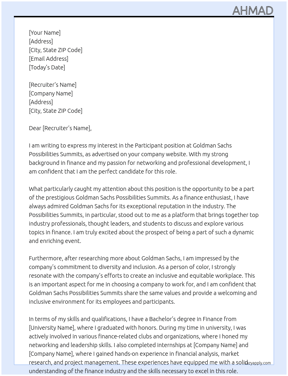Participant At Goldman Sachs Possibilities Summits Cover Letter