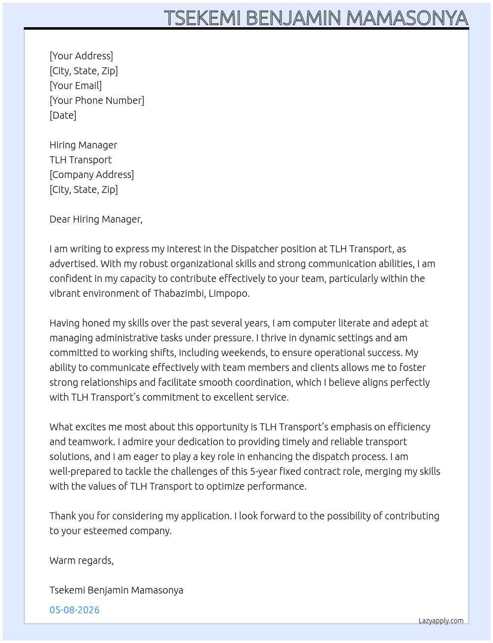 Cover letter for despatcher - LazyApply