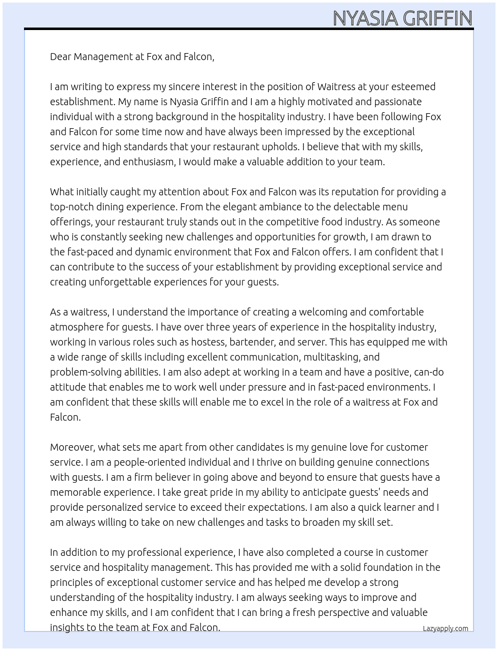 Waitress At Fox and Falcon Cover Letter