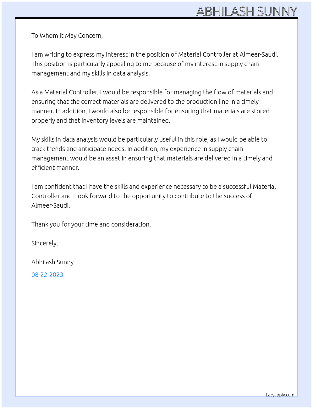 Material Controller At almeer-saudi Cover Letter