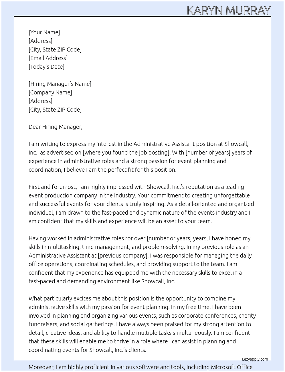 Administrative Assistant At Showcall, Inc. Cover Letter