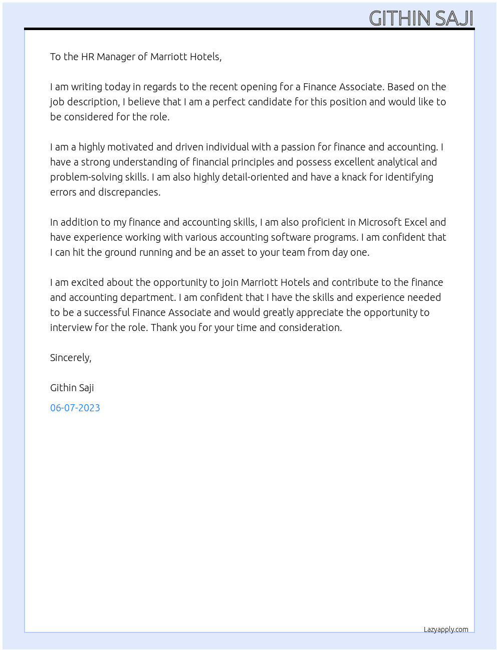 Finance Associate At Marriott Hotels Cover Letter