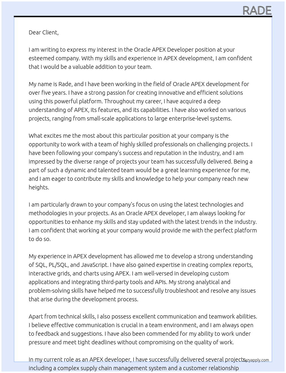 Oracle APEX developer At clien Cover Letter