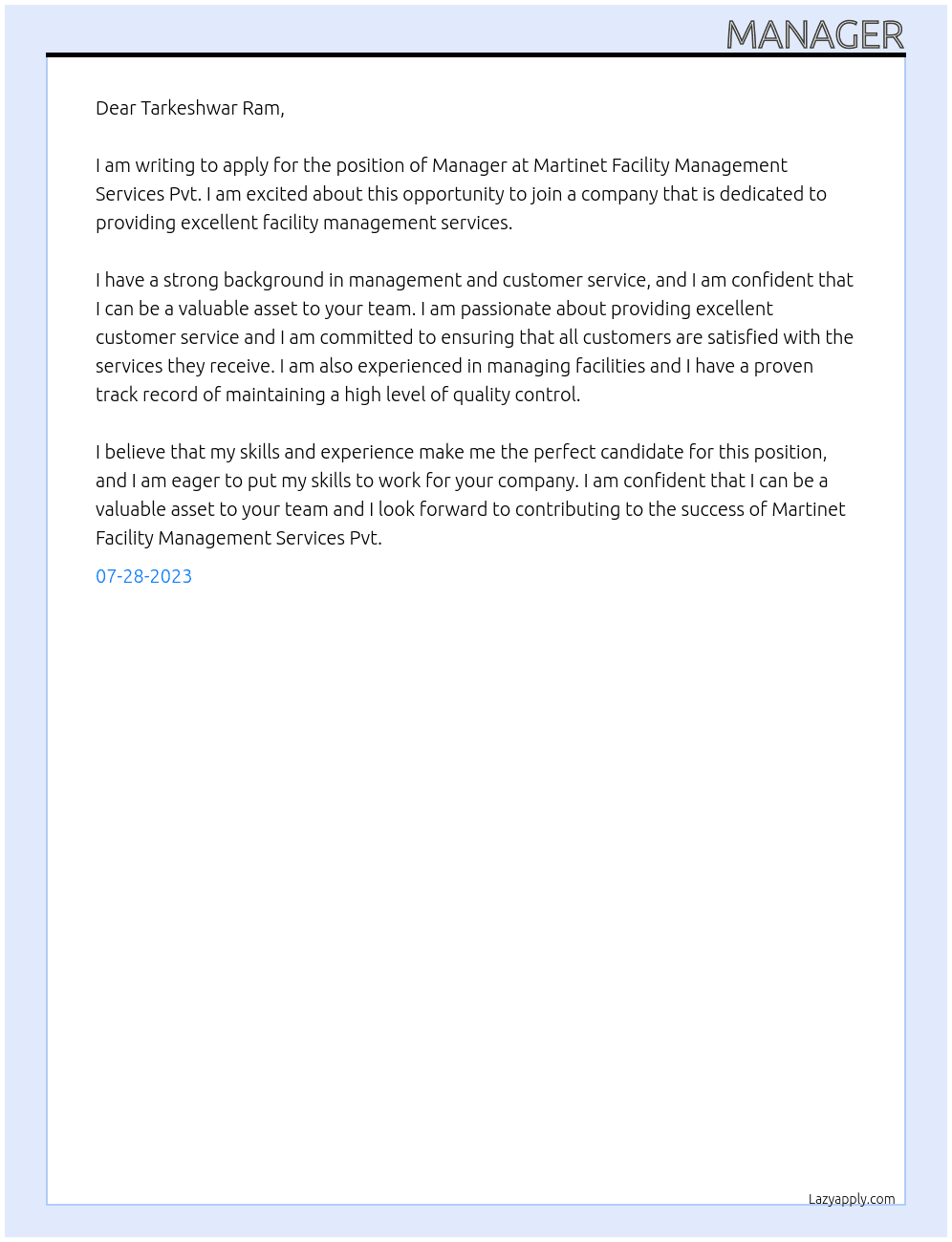 martinet facility management services pvt At martinet facility management services pvt Cover Letter