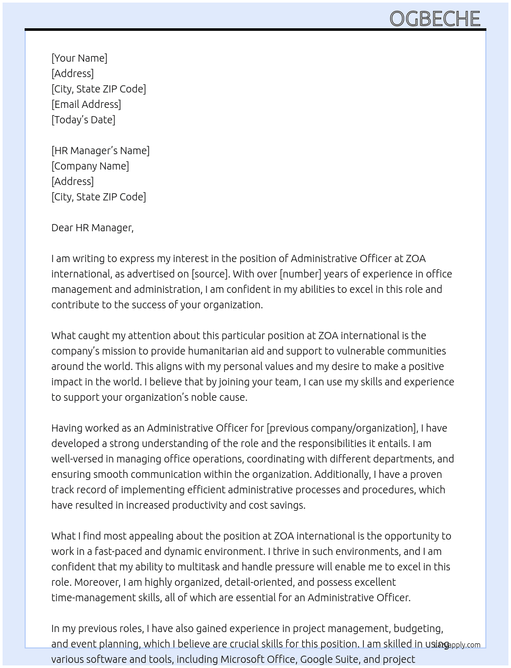 Administrative officer At ZOA international  Cover Letter