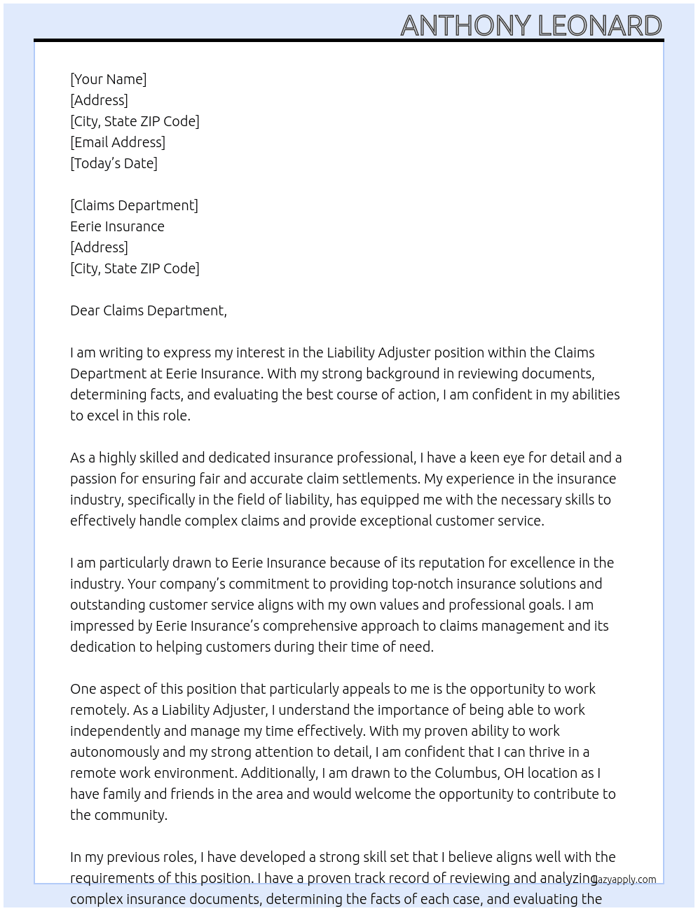 Liability Adjuster At Eerie Insurance Cover Letter
