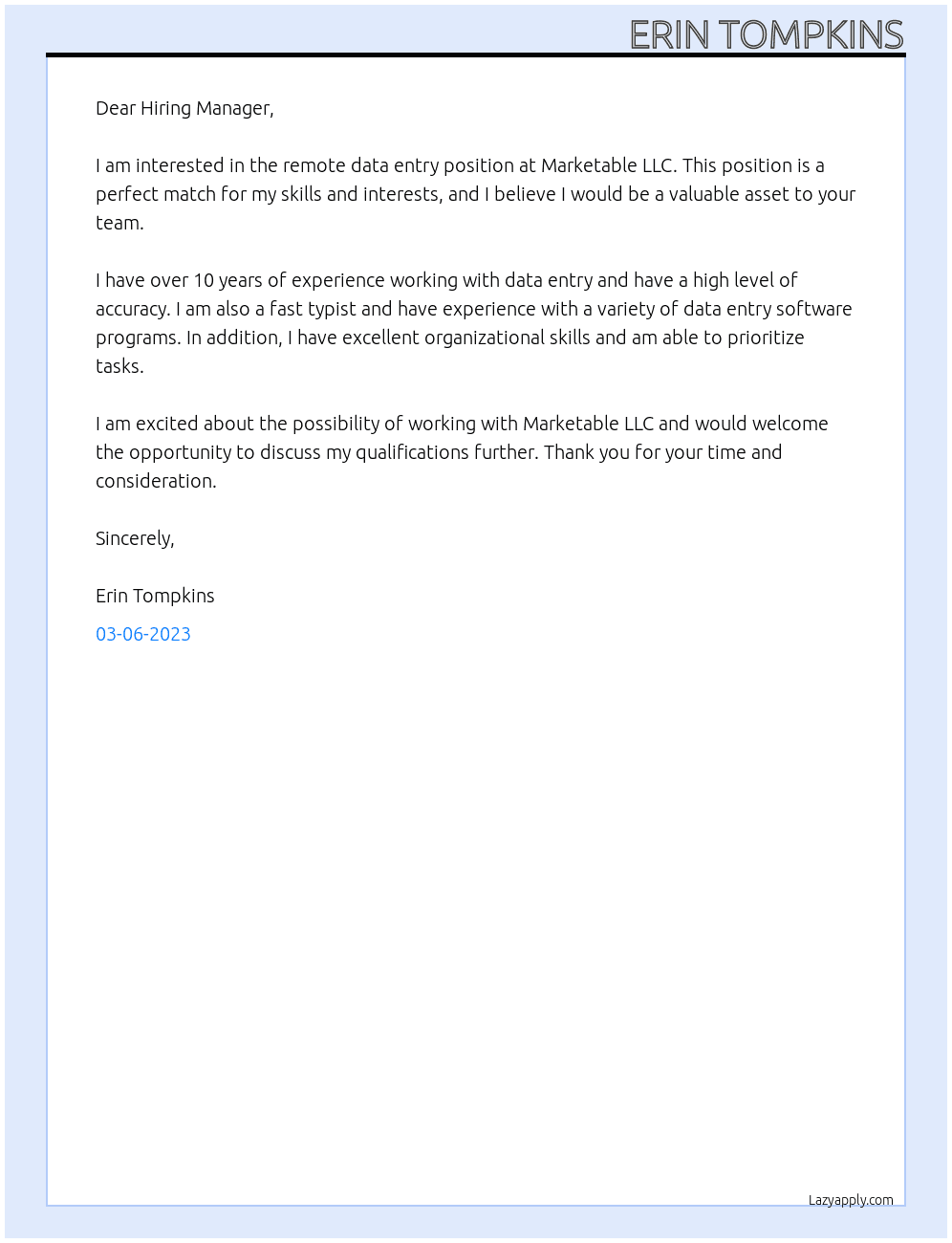 Remote Work From Home Data Entry Clerk / Typing At Marketable LLC Cover Letter