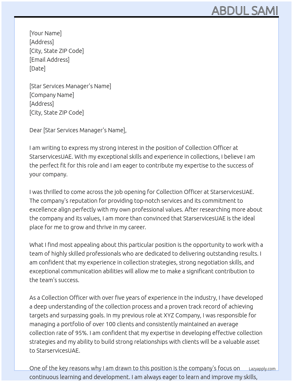 Collection officer  At StarservicesUAE Cover Letter