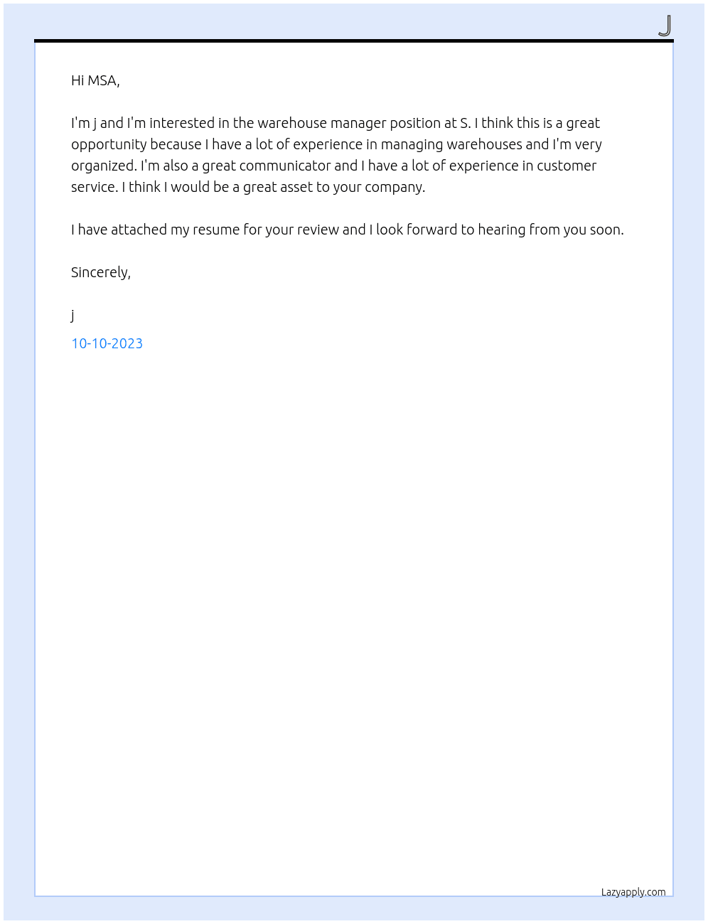 Warehouse Manager At S Cover Letter