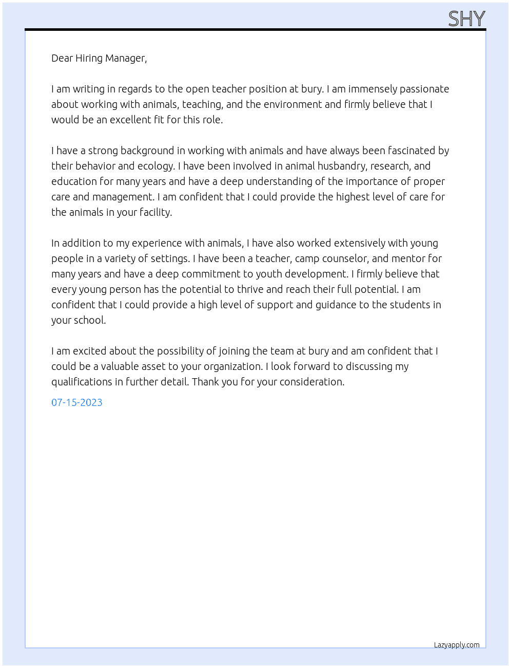 teacher At bury Cover Letter