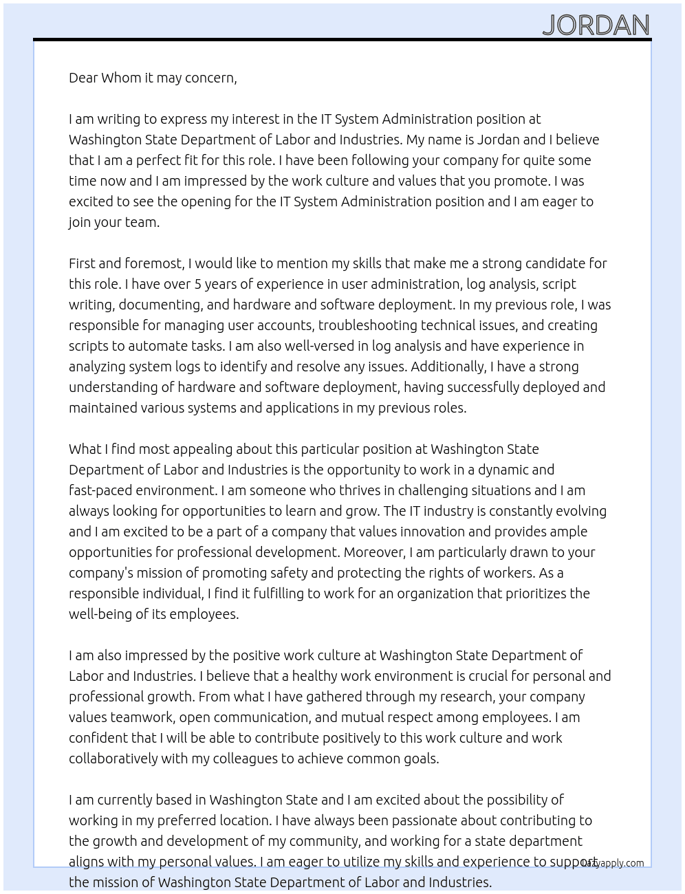 IT System Administration At Washington State Department of Labor and Industries Cover Letter