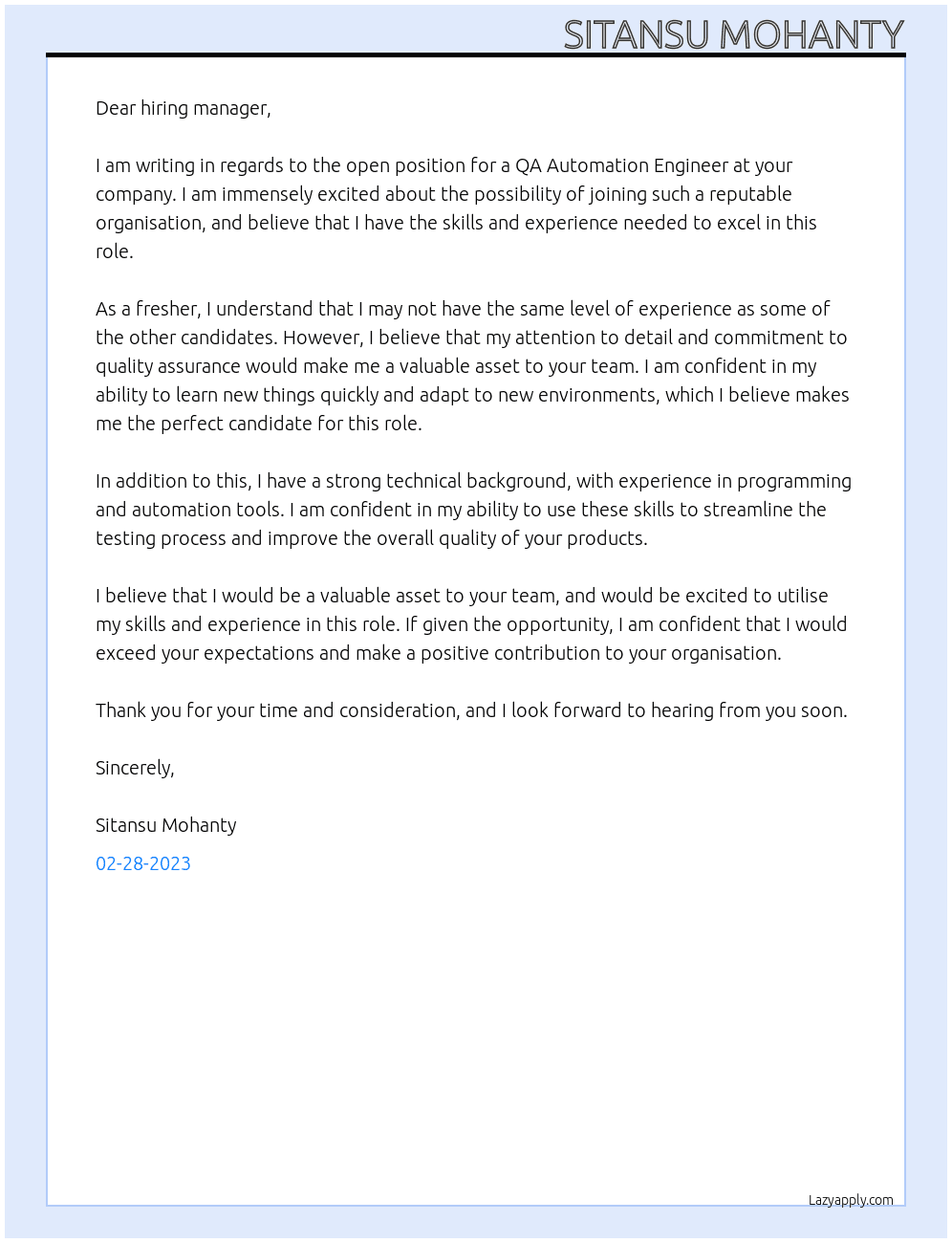 qa automation enginner fresher At djkj Cover Letter