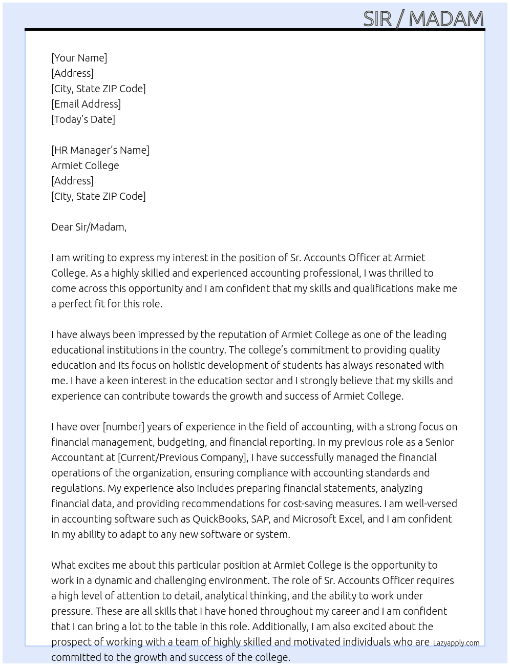 Sr. Accounts Officer At Armiet Collage  Cover Letter