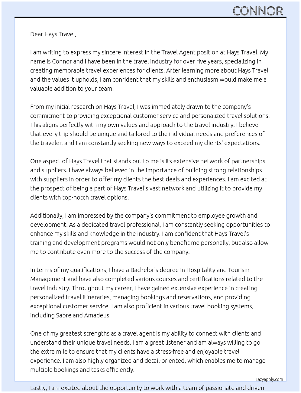 Travel Agent At Hays Travel Cover Letter