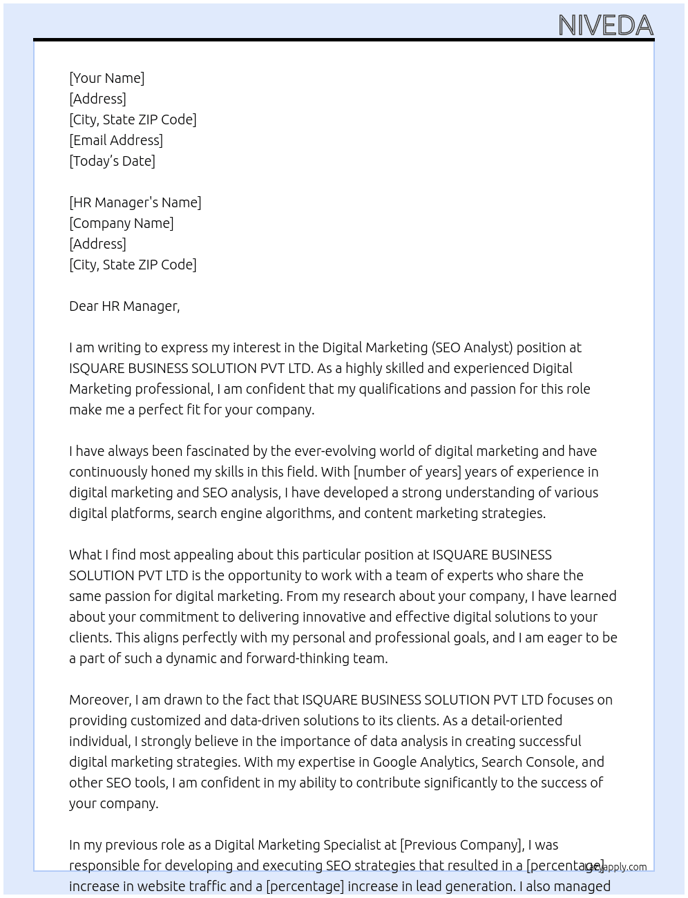 Digital Marketing (SEO Analyst) At ISQUARE BUSINESS SOLUTION PVT LTD Cover Letter