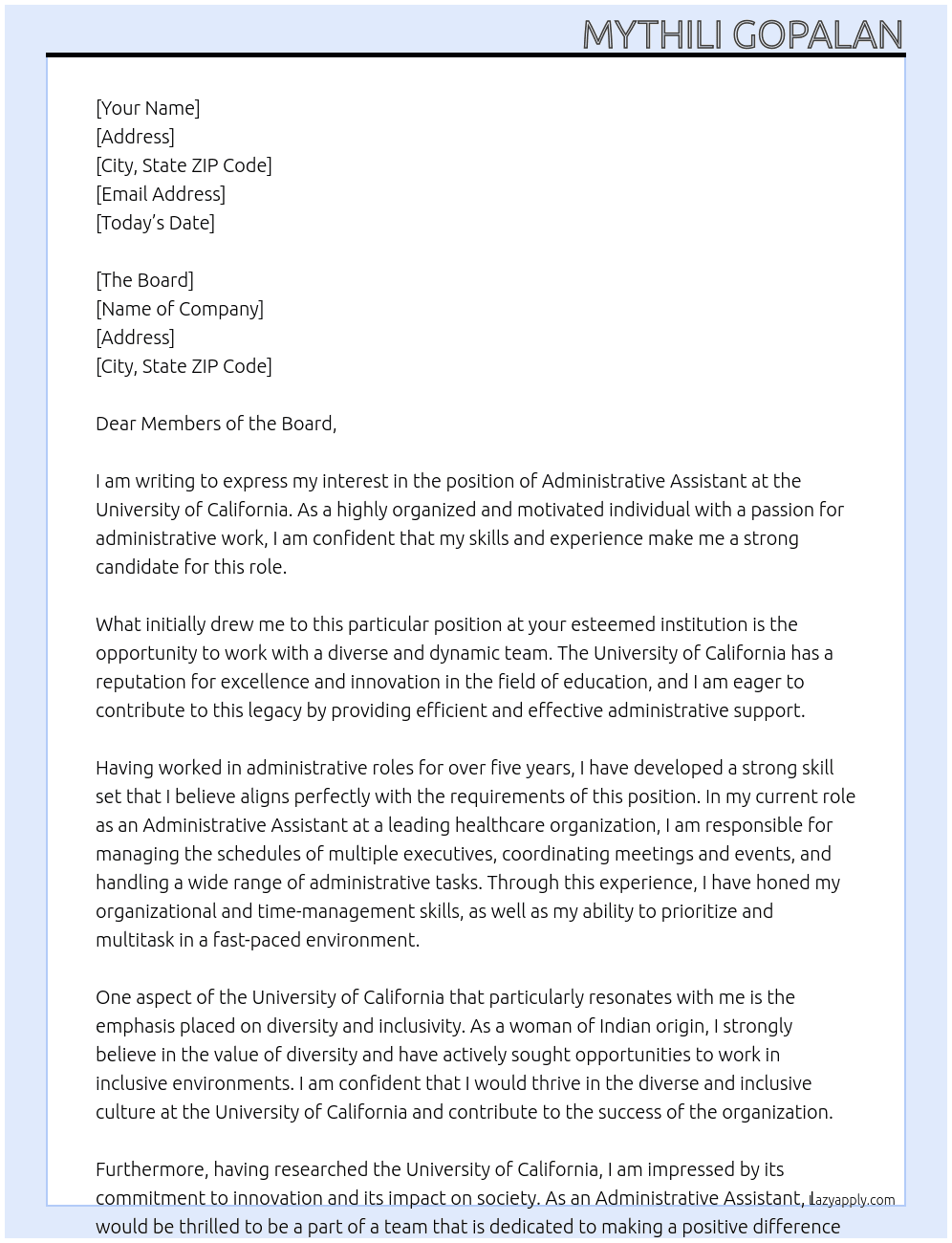 Administrative Assistant At University of California Cover Letter