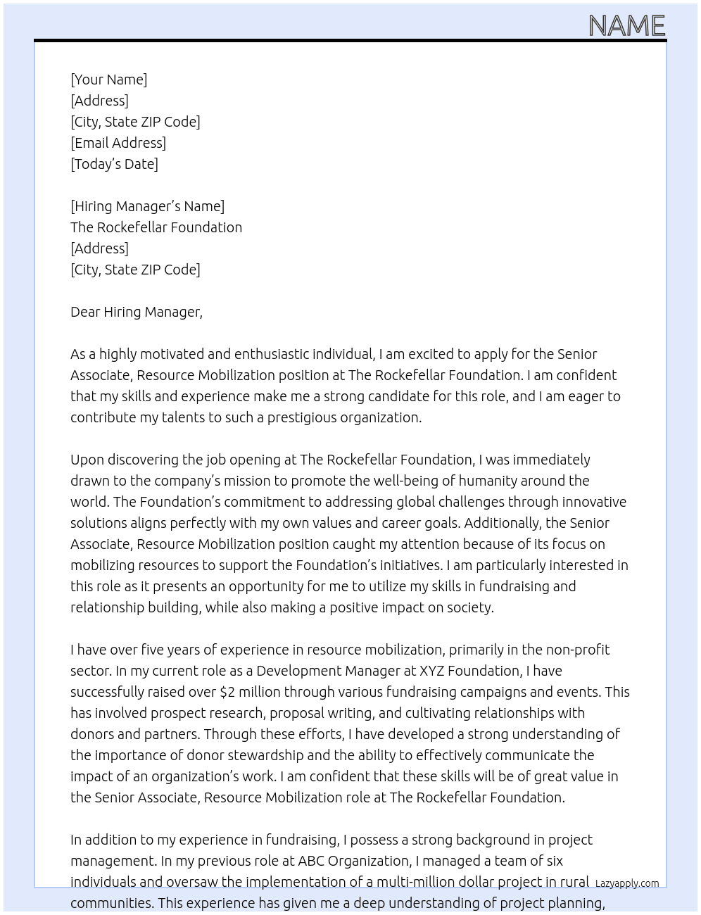 Senior Associate, Resource Mobilization At The Rockefellar Foundation Cover Letter