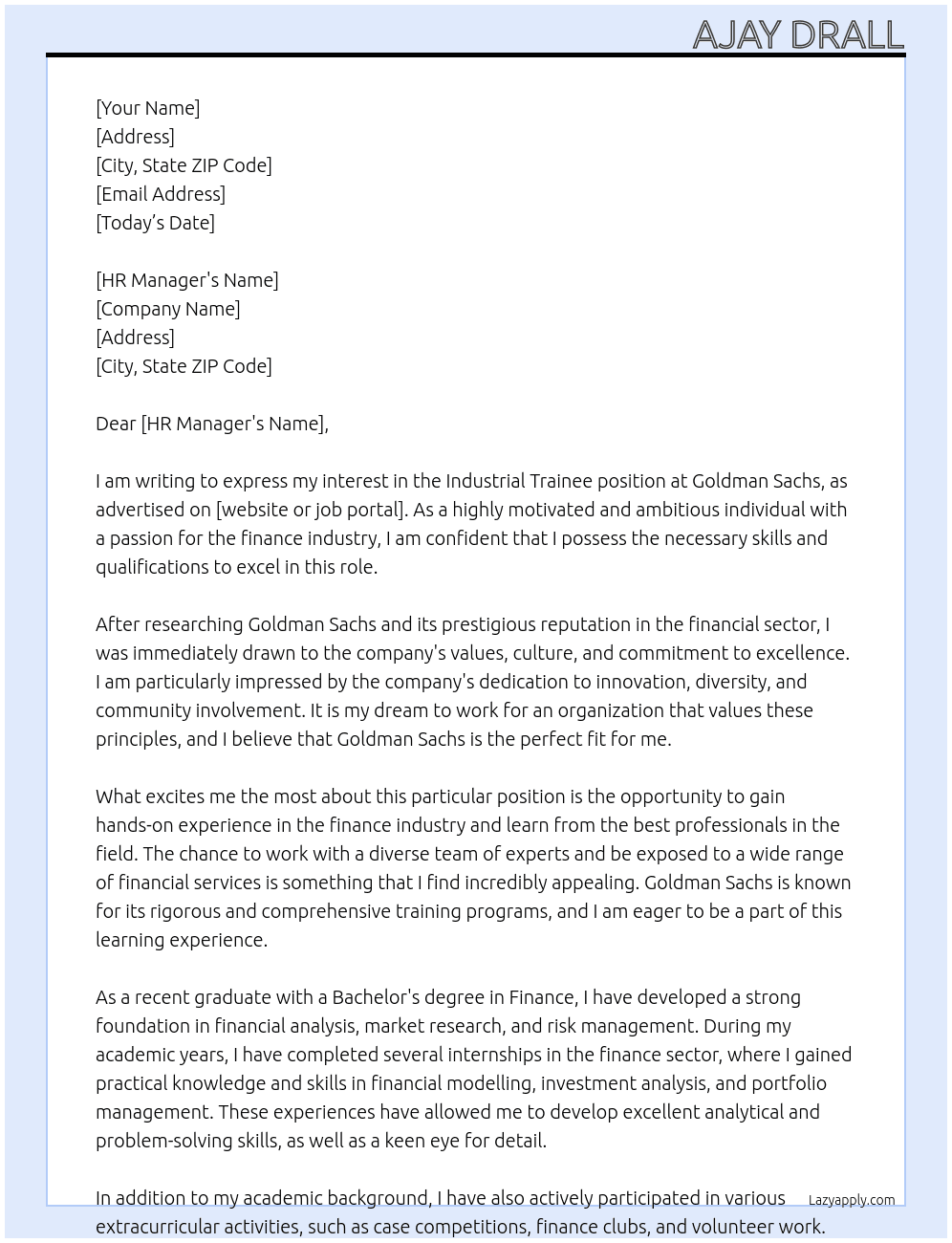 Industrial trainee At Goldman Sachs Cover Letter