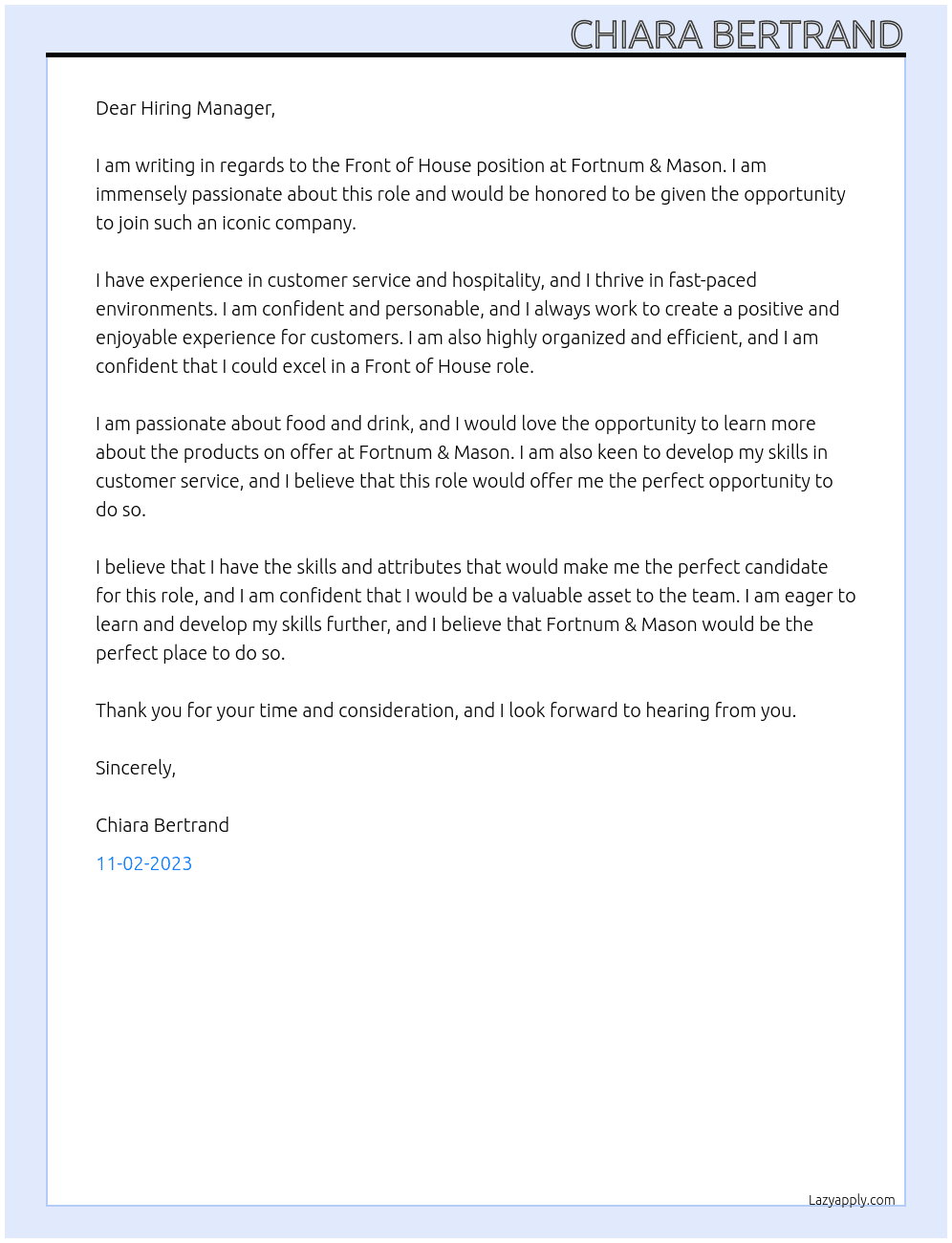 Front of House At Fortnum & Mason Cover Letter