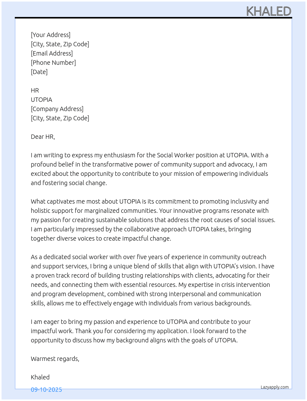 Social Worker At UTOPIA Cover Letter