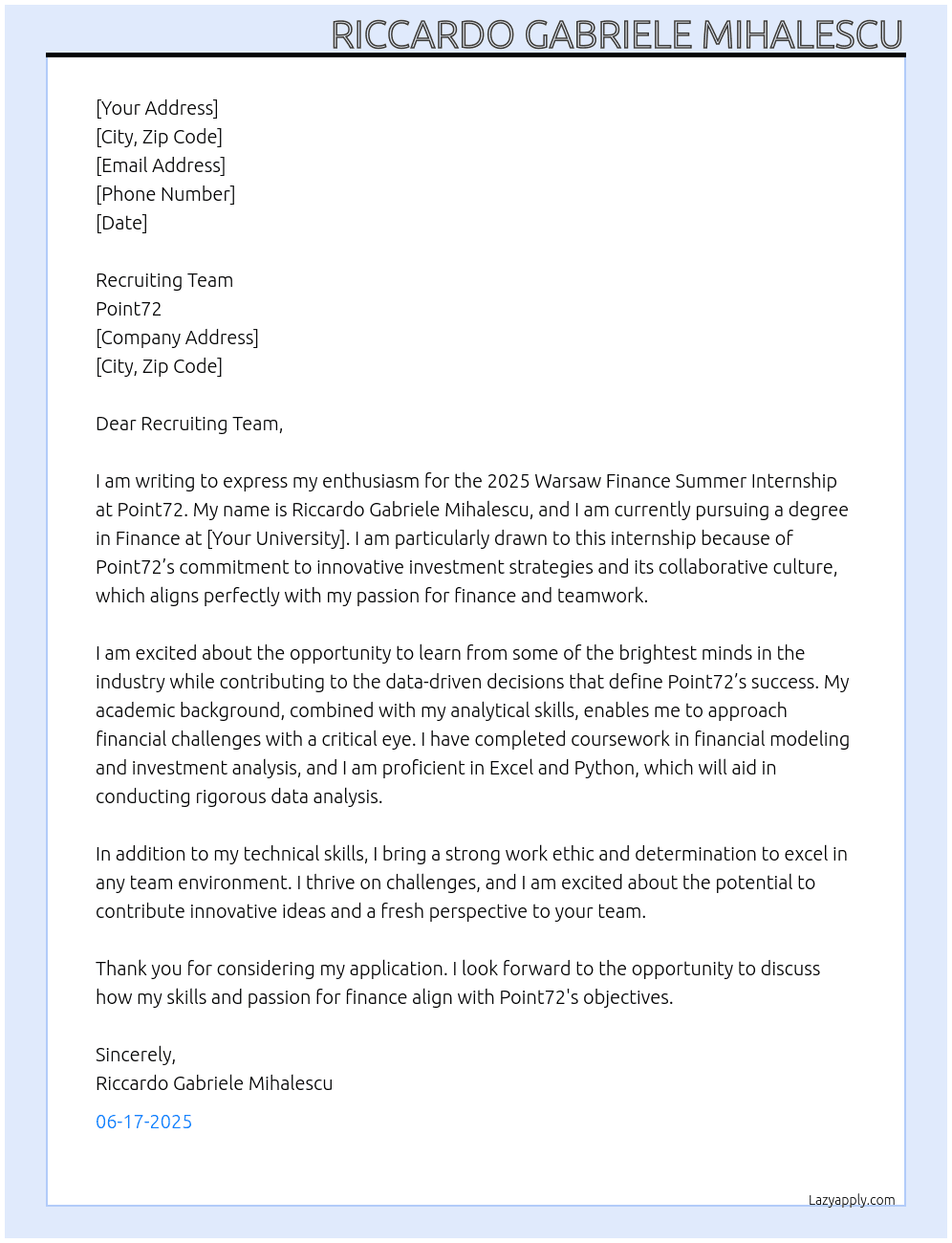 Cover letter for 2025 warsaw finance summer internship - LazyApply