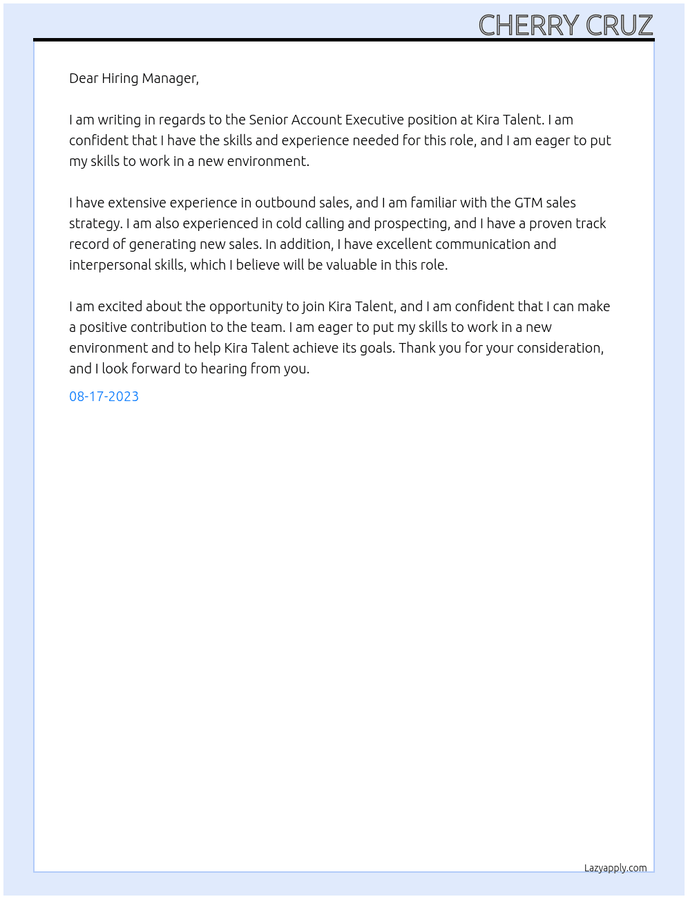Senior Account Executive At Kira Talent Cover Letter