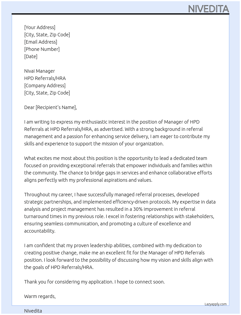 MANAGER OF HPD REFERRALS At HPD REFERRALS/HRA Cover Letter